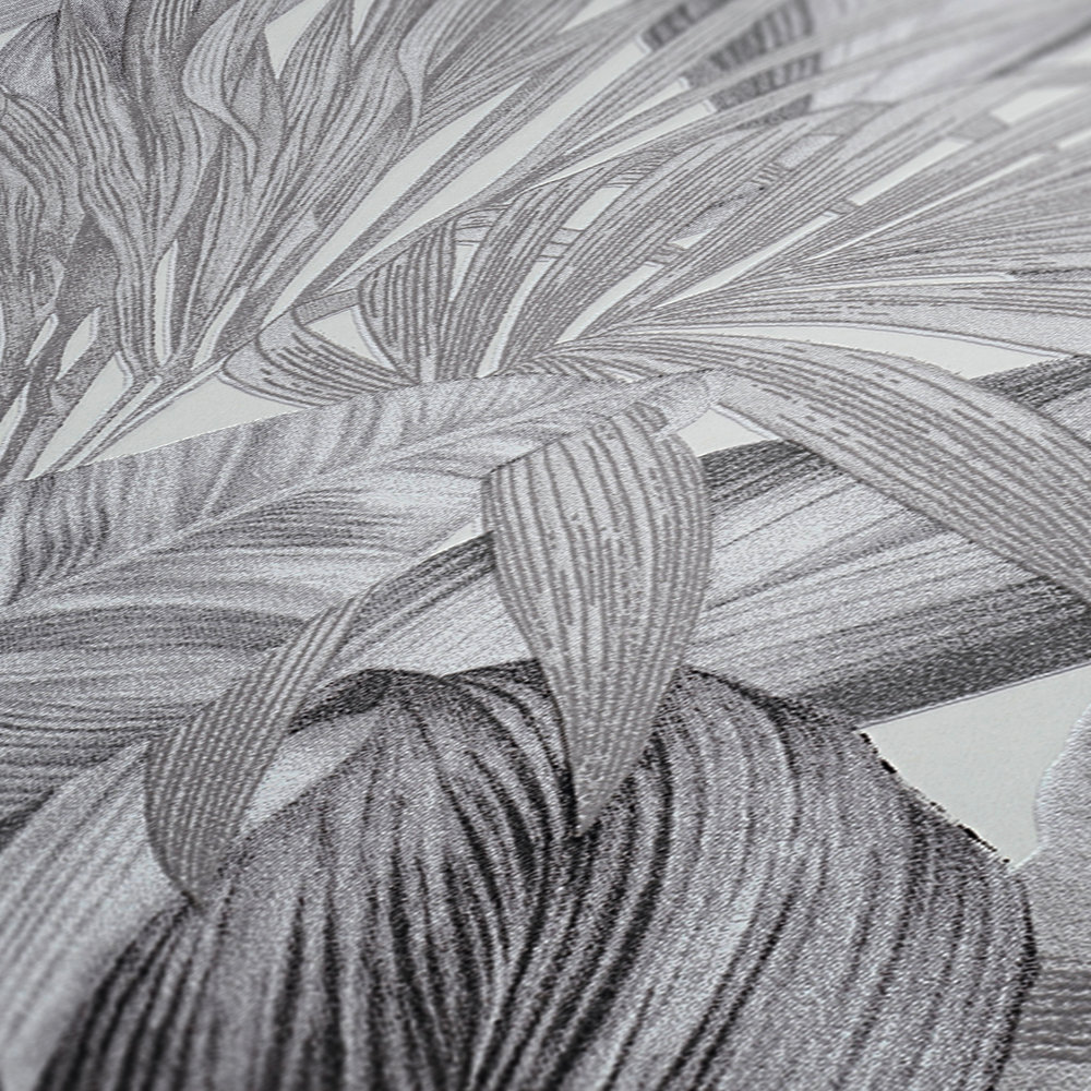             Papel pintado con motivo de hojas en estilo de dibujo - negro, blanco, gris
        