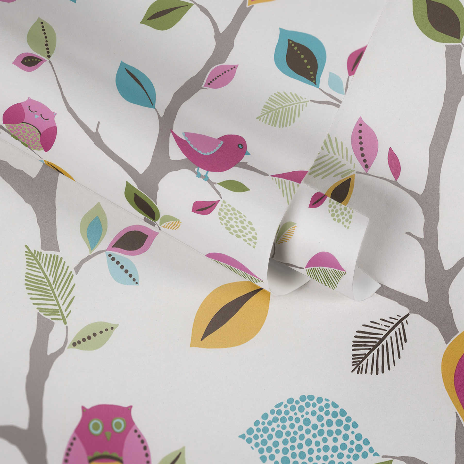             Nursery wallpaper paper with owls & birds - colourful, green
        