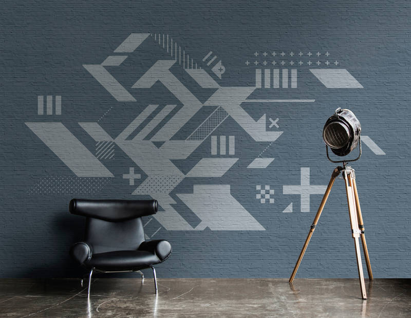             Brick by Brick 2 - Brick Wall Wallpaper with Graphic - Blue, Grey | Pearl Smooth Non-woven
        