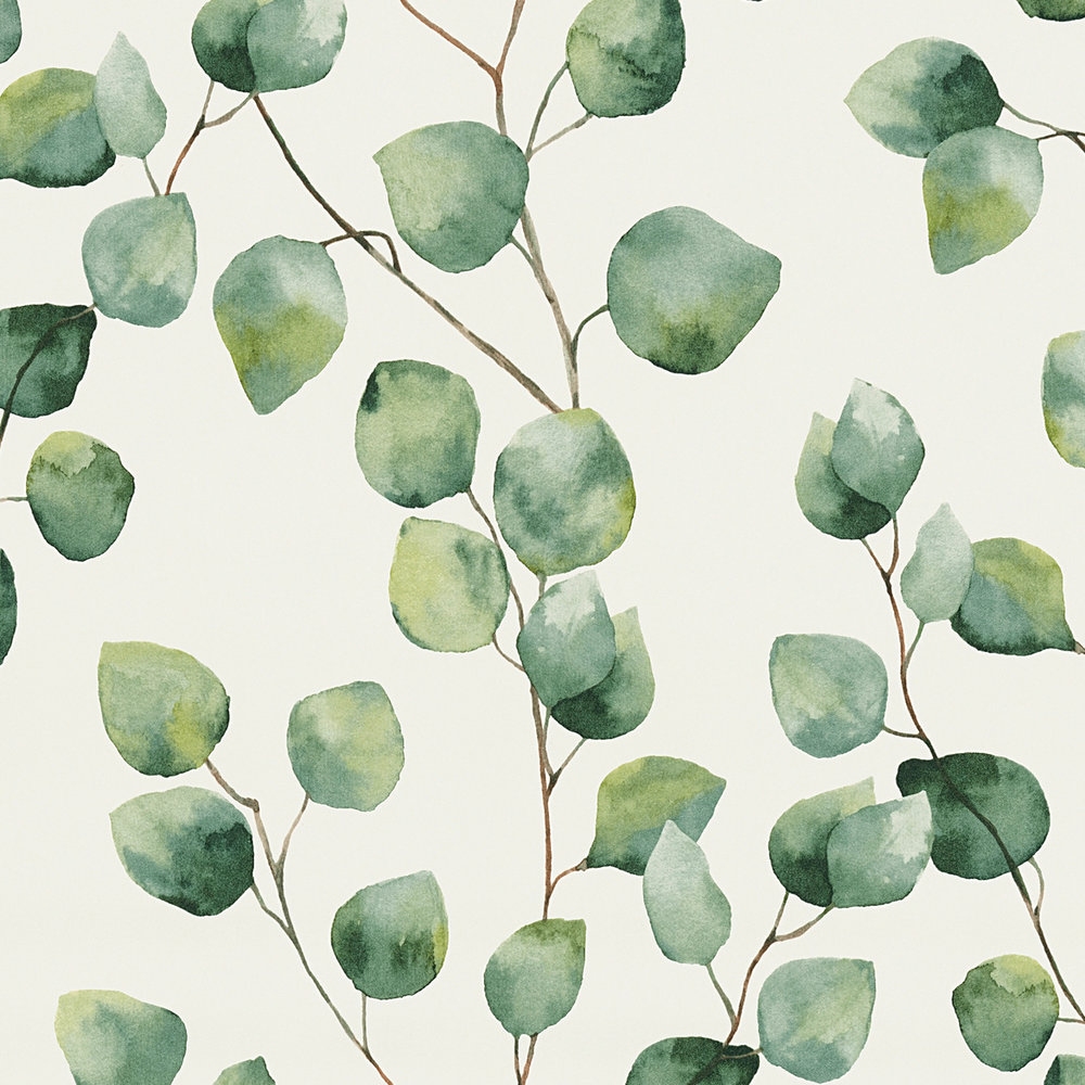             Papel pintado estilo acuarela con zarcillos de hojas - verde, blanco
        