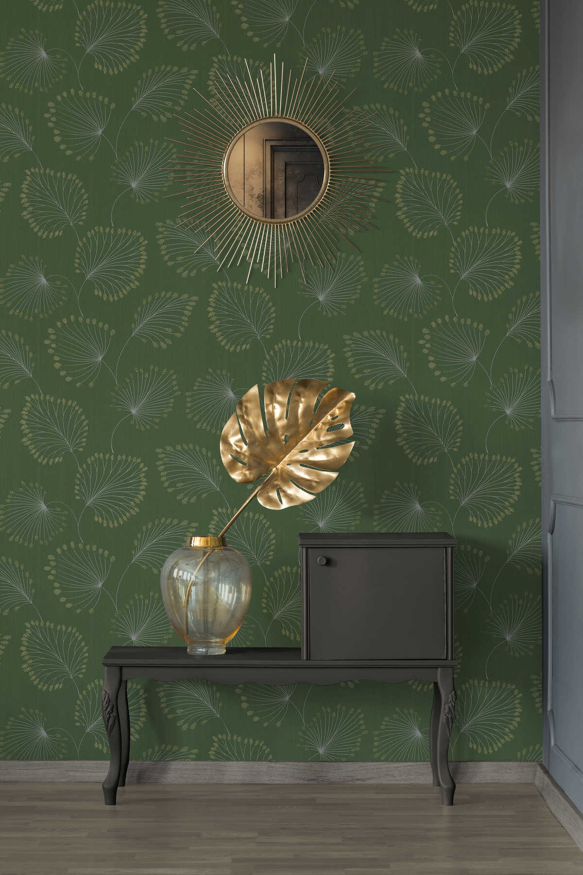             Retro behang met jaren 50 design & goudeffect - groen, metallic
        