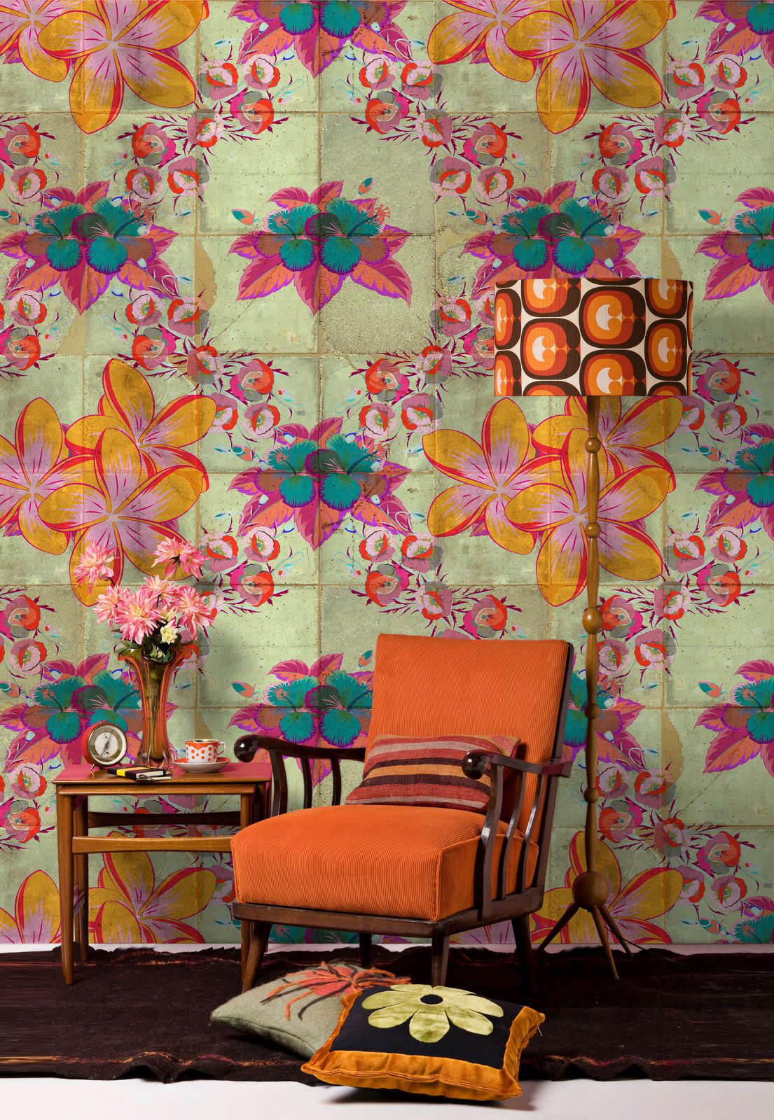             Photo wallpaper »jolie« - Floral design with kaleidoscope effect on concrete tile structure - Smooth, slightly shiny premium non-woven fabric
        