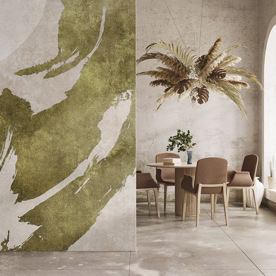 Photo wallpaper »temu« - Brushstrokes with abstract design - Green, cream with vintage plaster texture | Smooth, slightly pearlescent non-woven fabric
