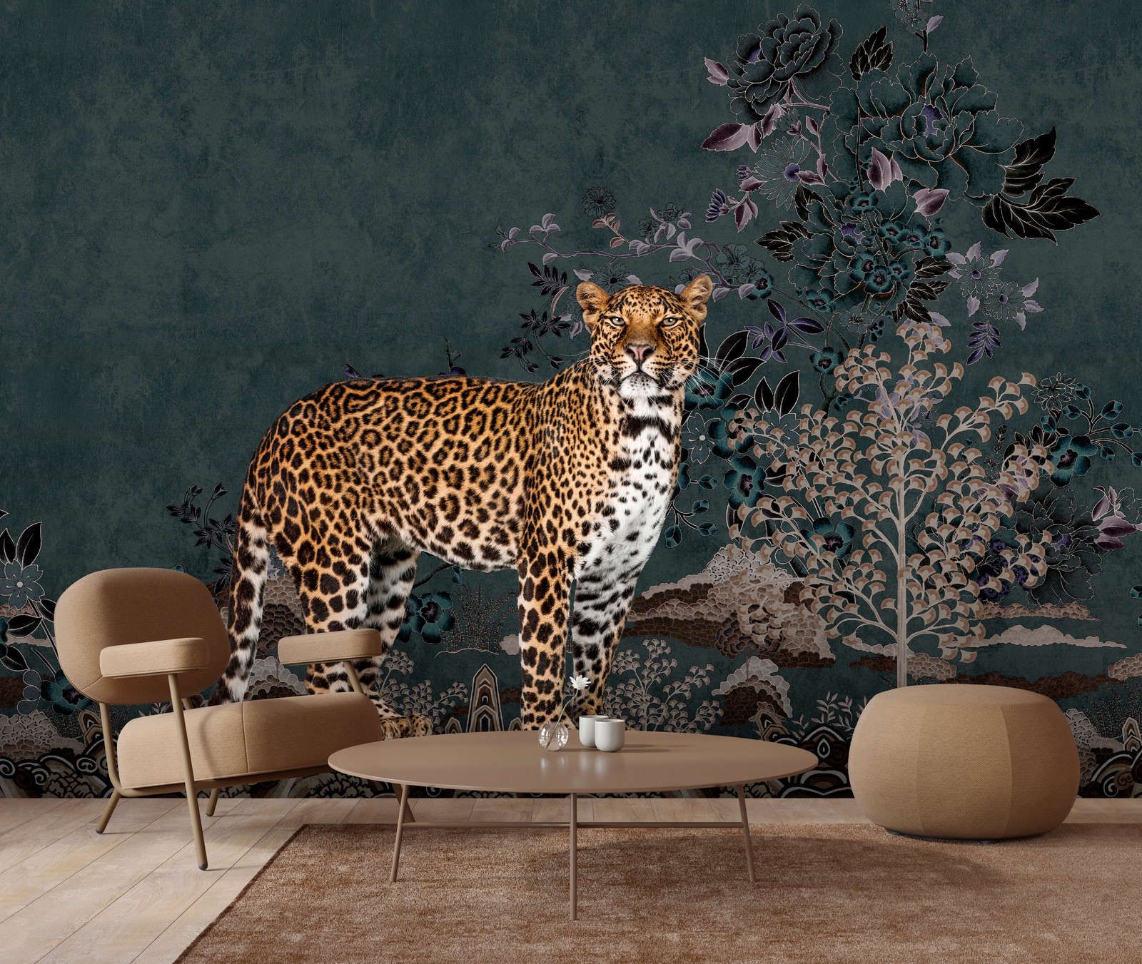             Photo wallpaper »rani« - Abstract jungle motif with leopard - Smooth, slightly pearly shimmering non-woven fabric
        