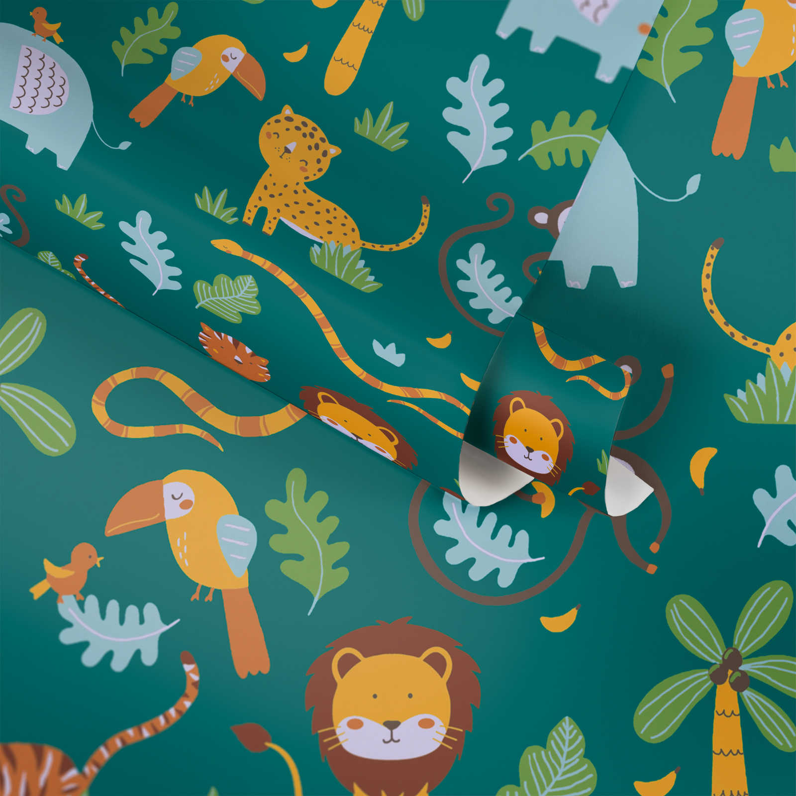             Children wallpaper jungle animals - green, yellow, blue
        