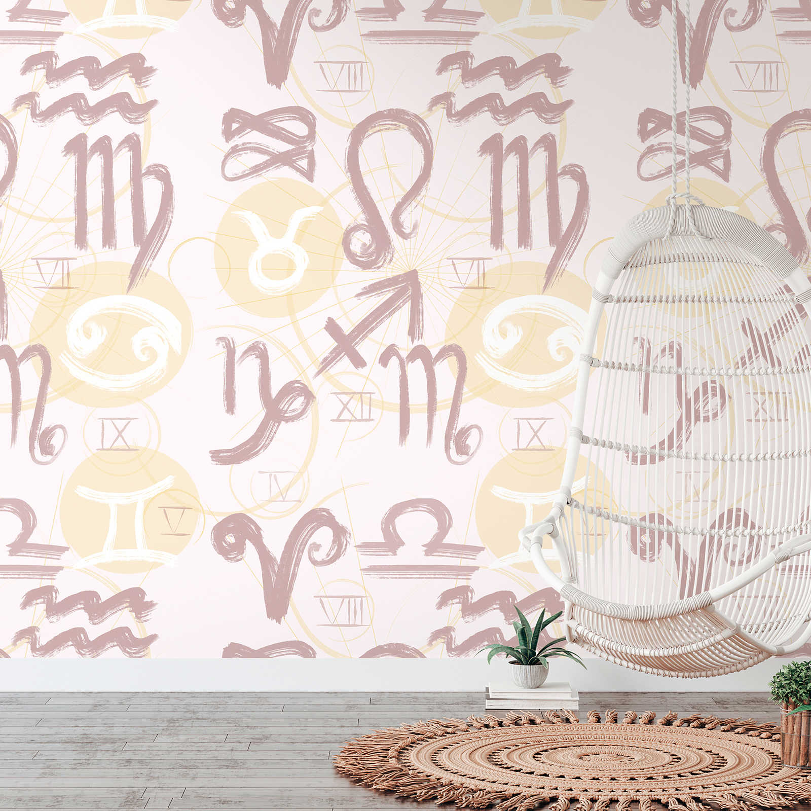 Onderlaag behang met dierenriemsymbolen en Romeinse cijfers - crème, geel, roze
