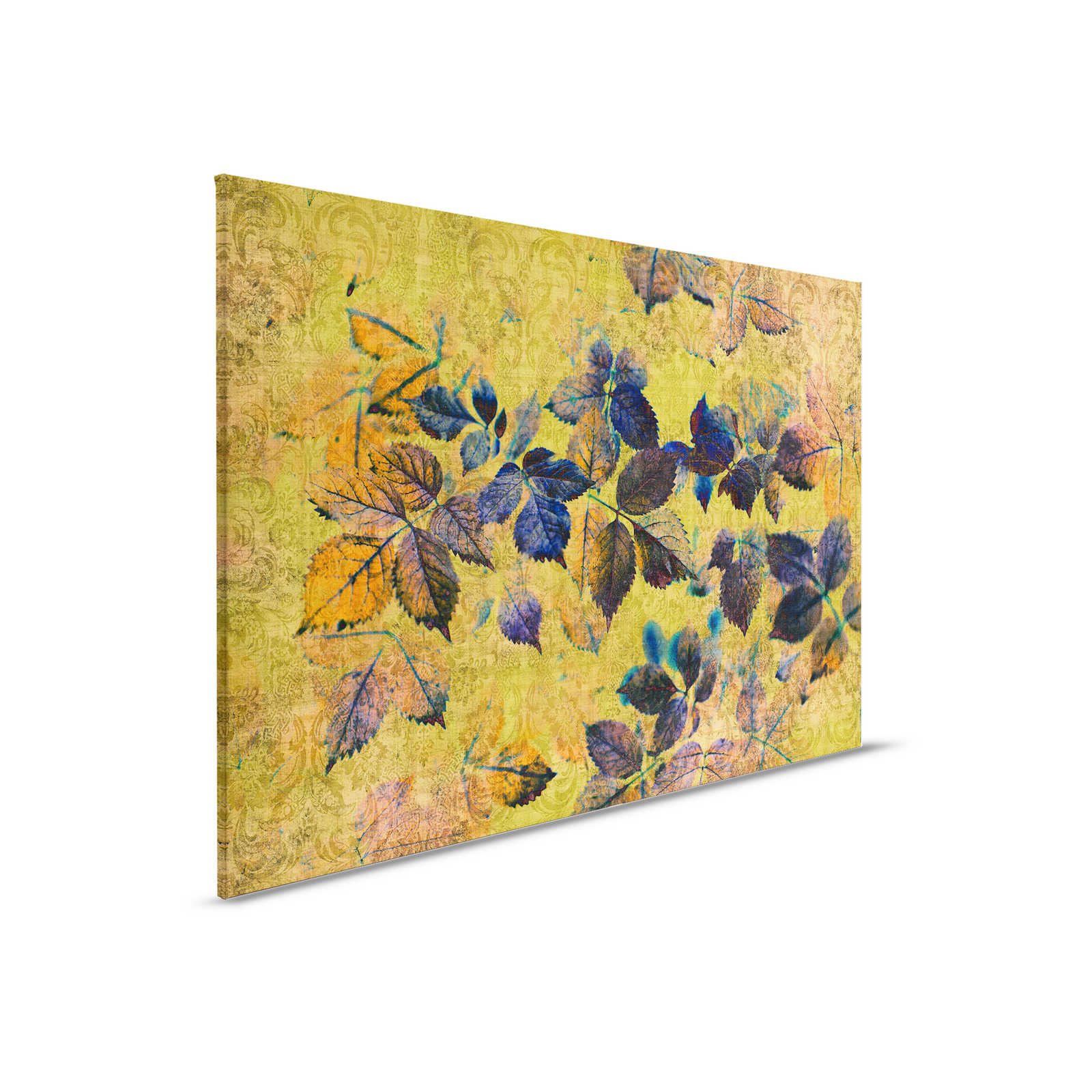 Indian summer 1 - Canvas painting with leaves and ornaments in natural linen structure - 0.90 m x 0.60 m
