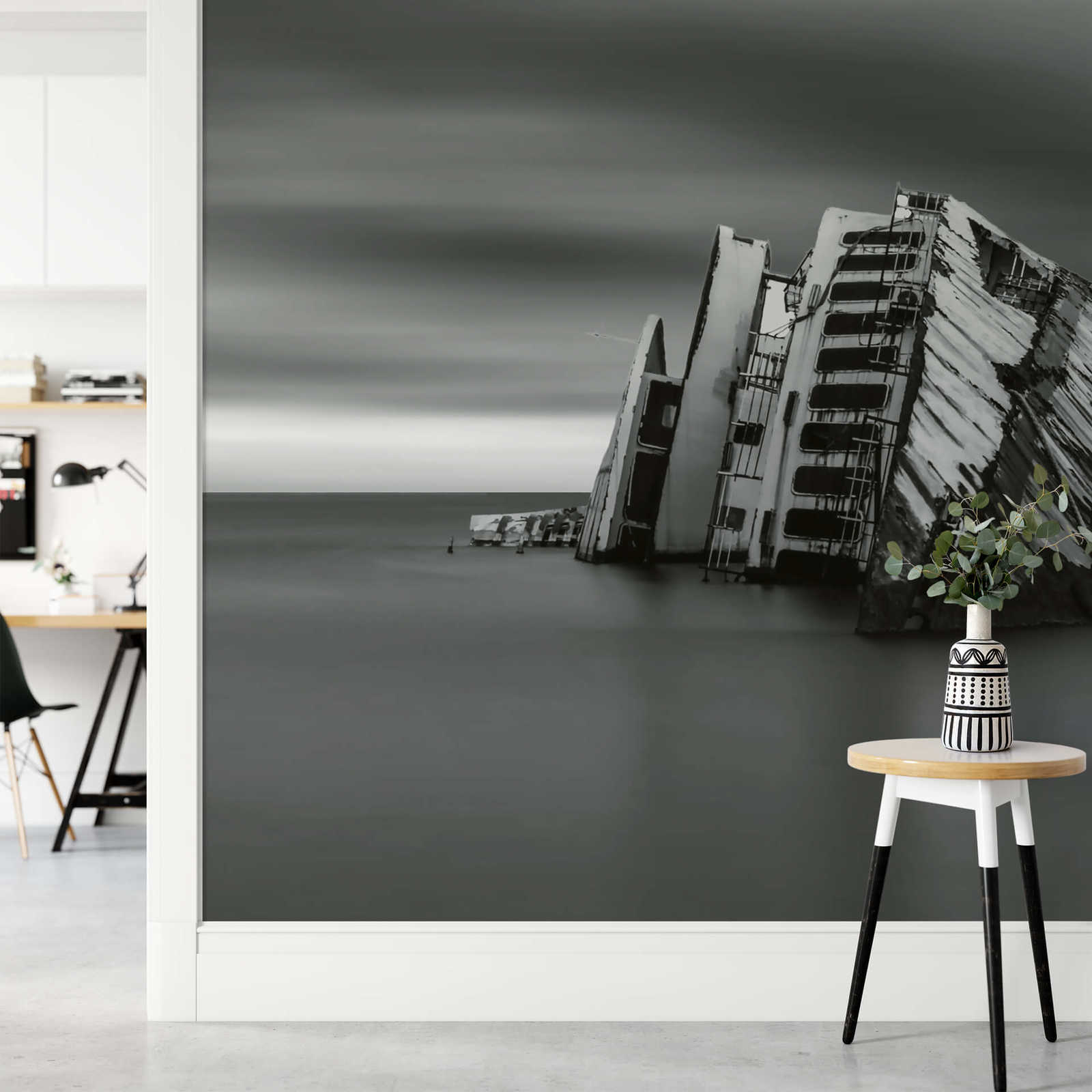             Photo wallpaper sea with shipwreck - grey, white, black
        