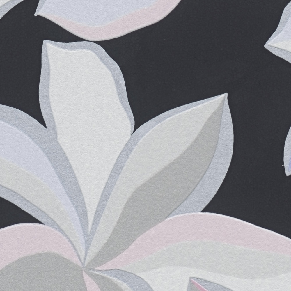             Motif floral avec effet brillant et structure fine - noir, gris, rose
        
