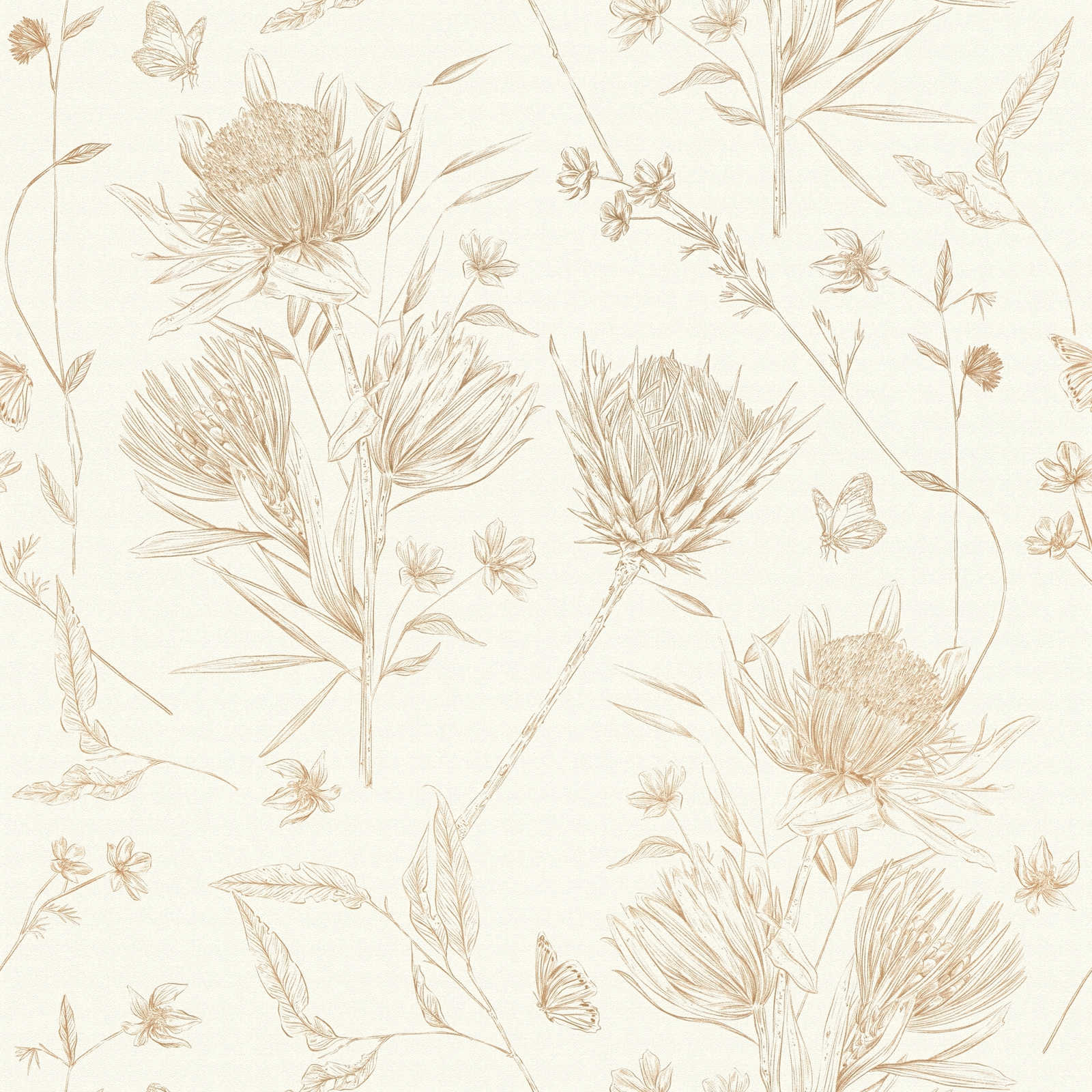 Floral wallpaper with flowers & butterflies textured matt - white, brown, beige

