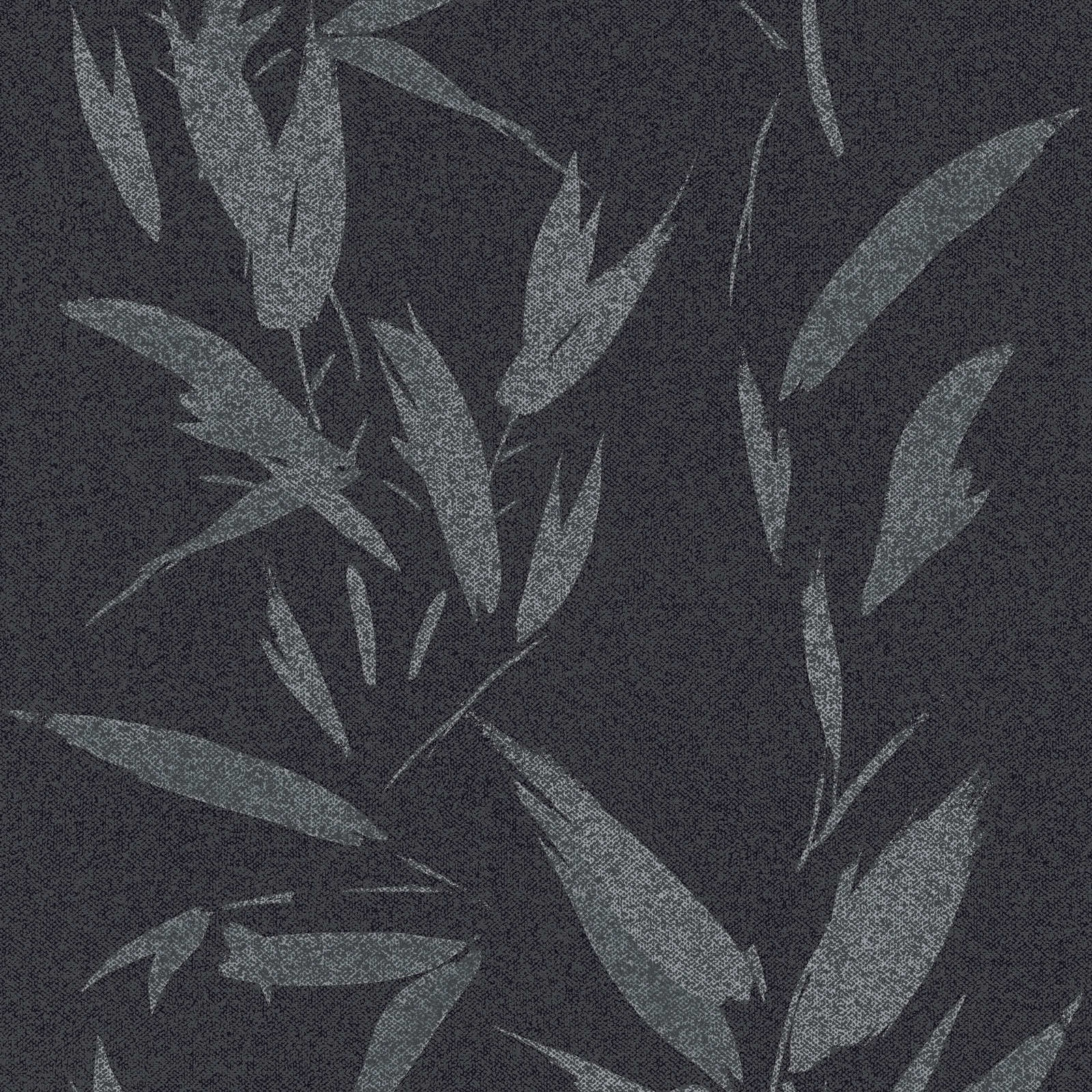 Papel pintado abstracto de hojas con óptica textil - negro, gris
