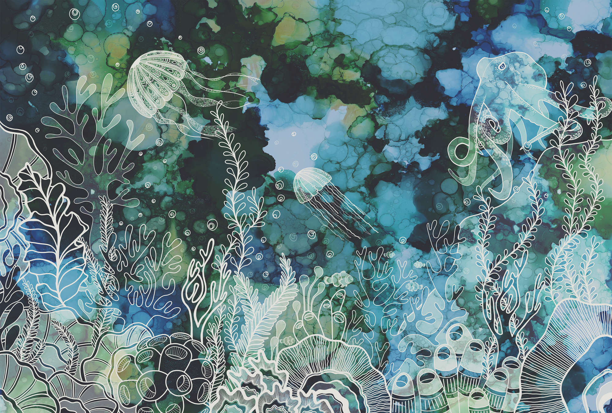             Muurschildering met onderwater koraalrif in acrylverf
        