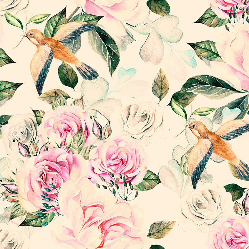 Fleurs et oiseaux ludiques de style vintage - crème, rose, vert
