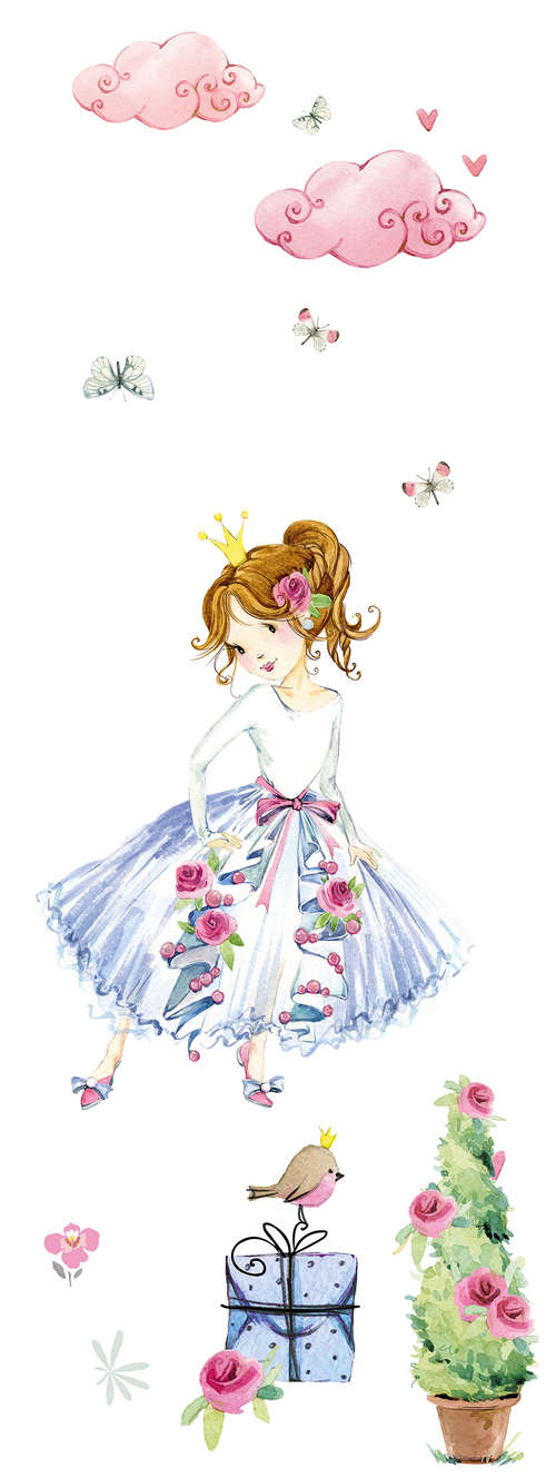             Papier peint panoramique enfant motif princesse en bleu et rose sur intissé lisse mat
        