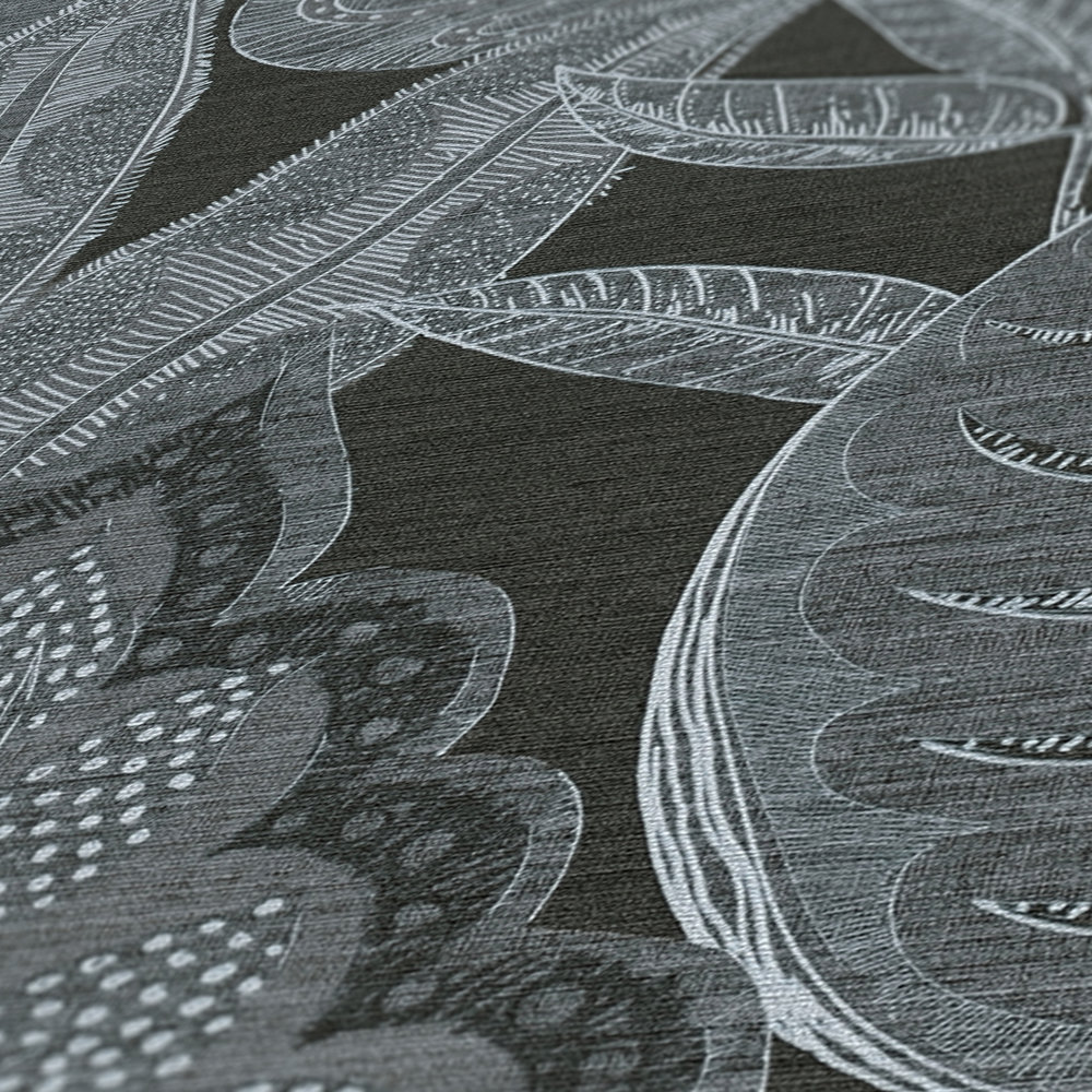             papier peint en papier floral graphique à texture légère, mat - noir, gris, blanc
        
