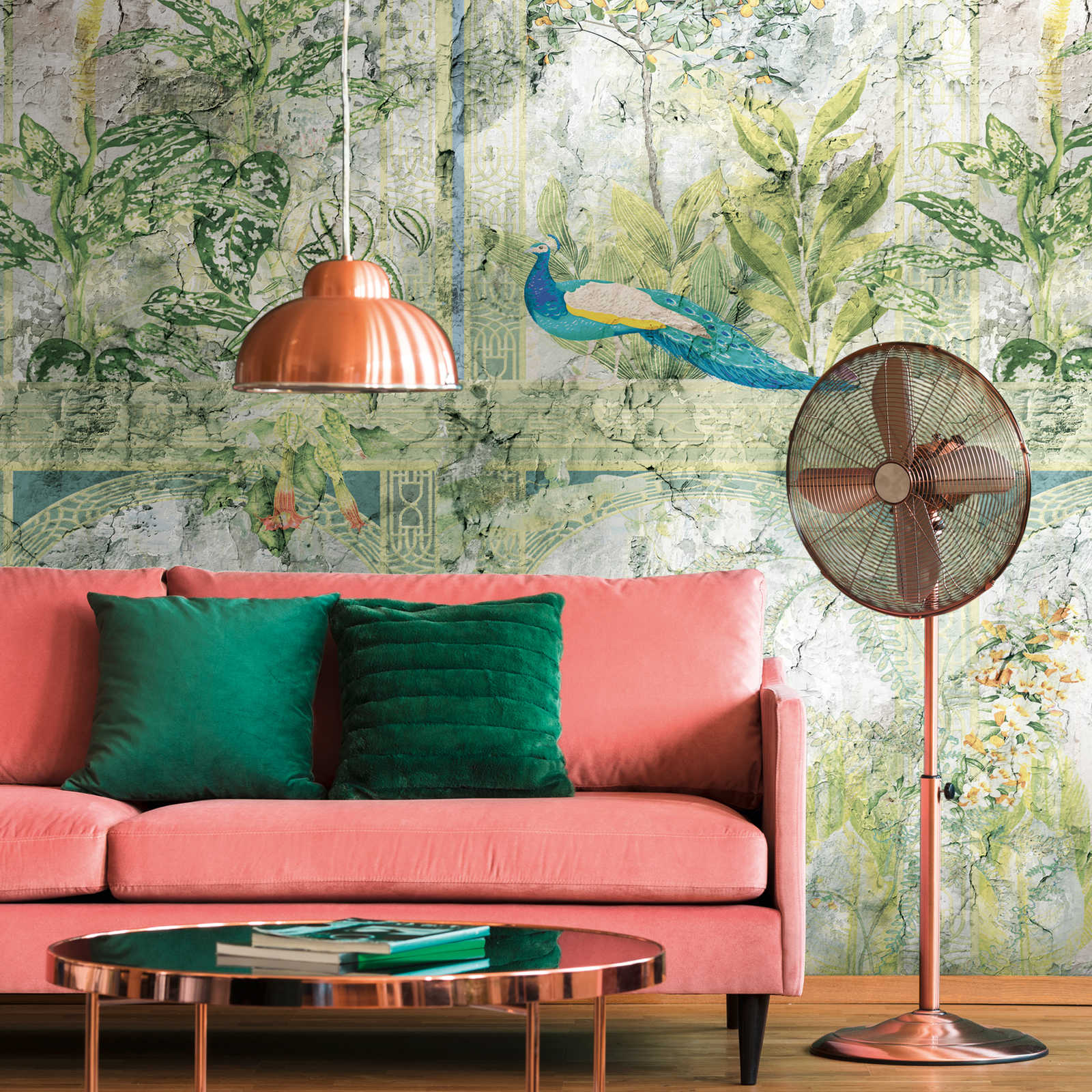 Wallpaper with jungle look and birds in vintage style - green, blue, grey
