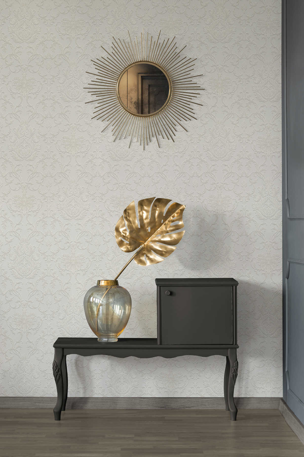            Glitter effect wallpaper with 3D ornament design - white
        