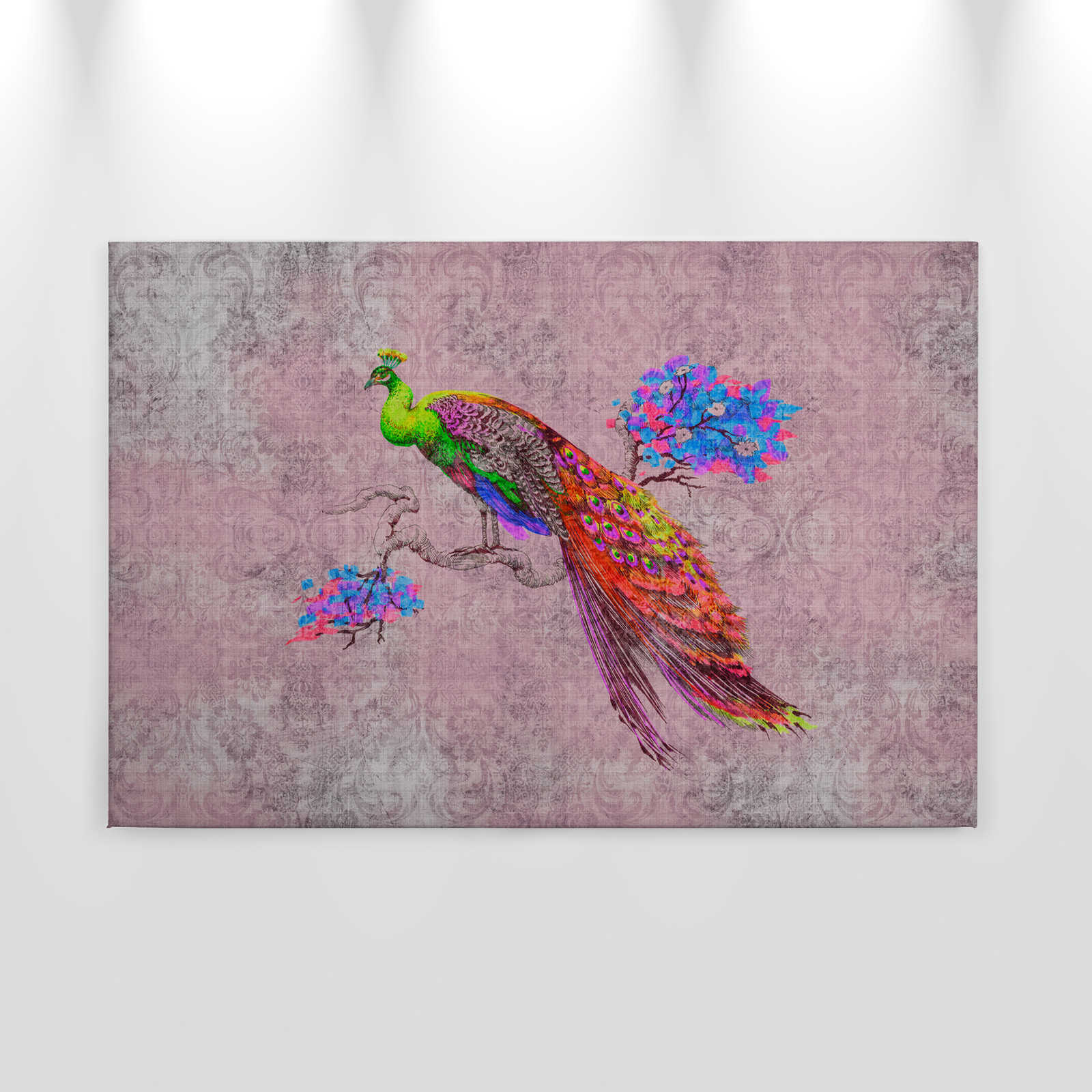             Peacock 2 - Tableau toile avec motif paon & ornement en structure lin naturel - 0,90 m x 0,60 m
        