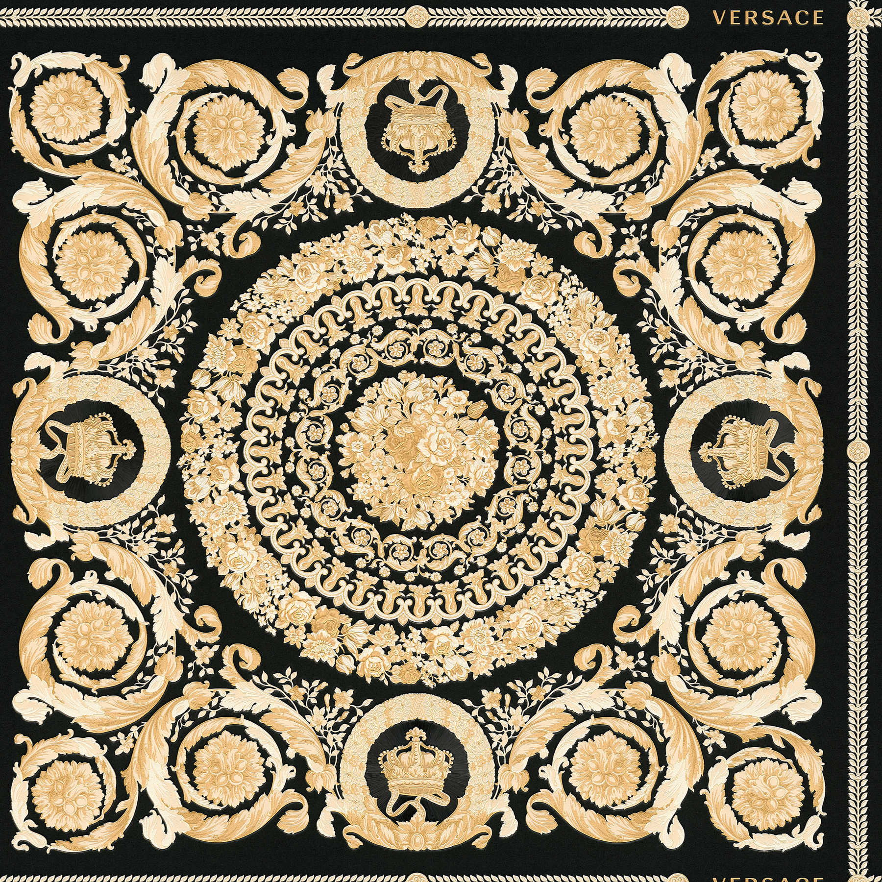 Luxury VERSACE Home wallpaper crowns & roses - black, gold, cream
