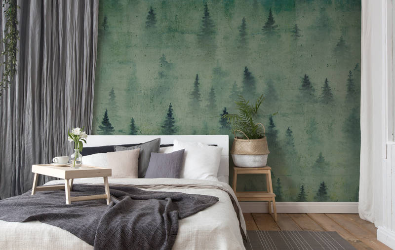             Concrete wall mural with coniferous forest design & used look - green
        