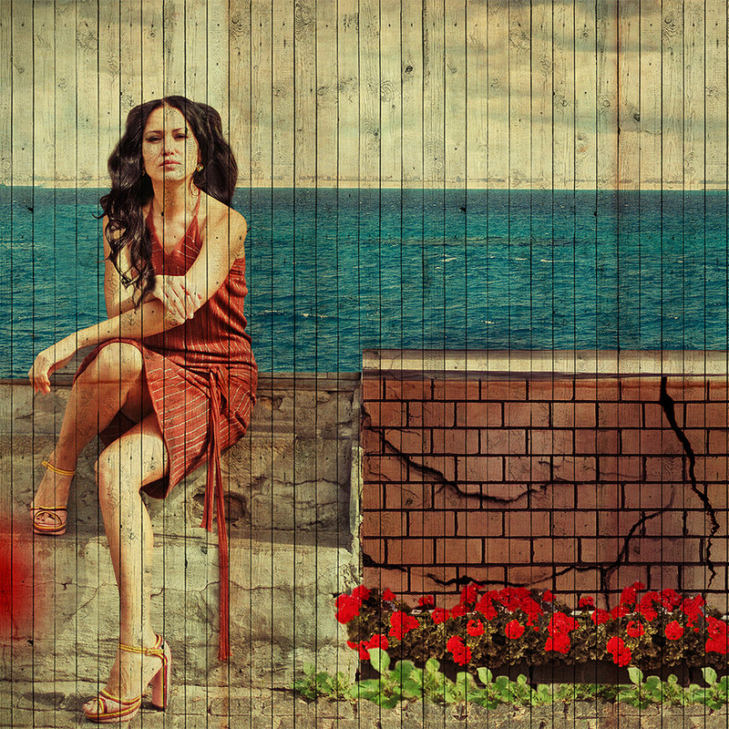 Havana 3 - Strandpromenade fotobehang in houten paneelstructuur met vakantiesfeer - Beige, Blauw | Mat glad vlies
