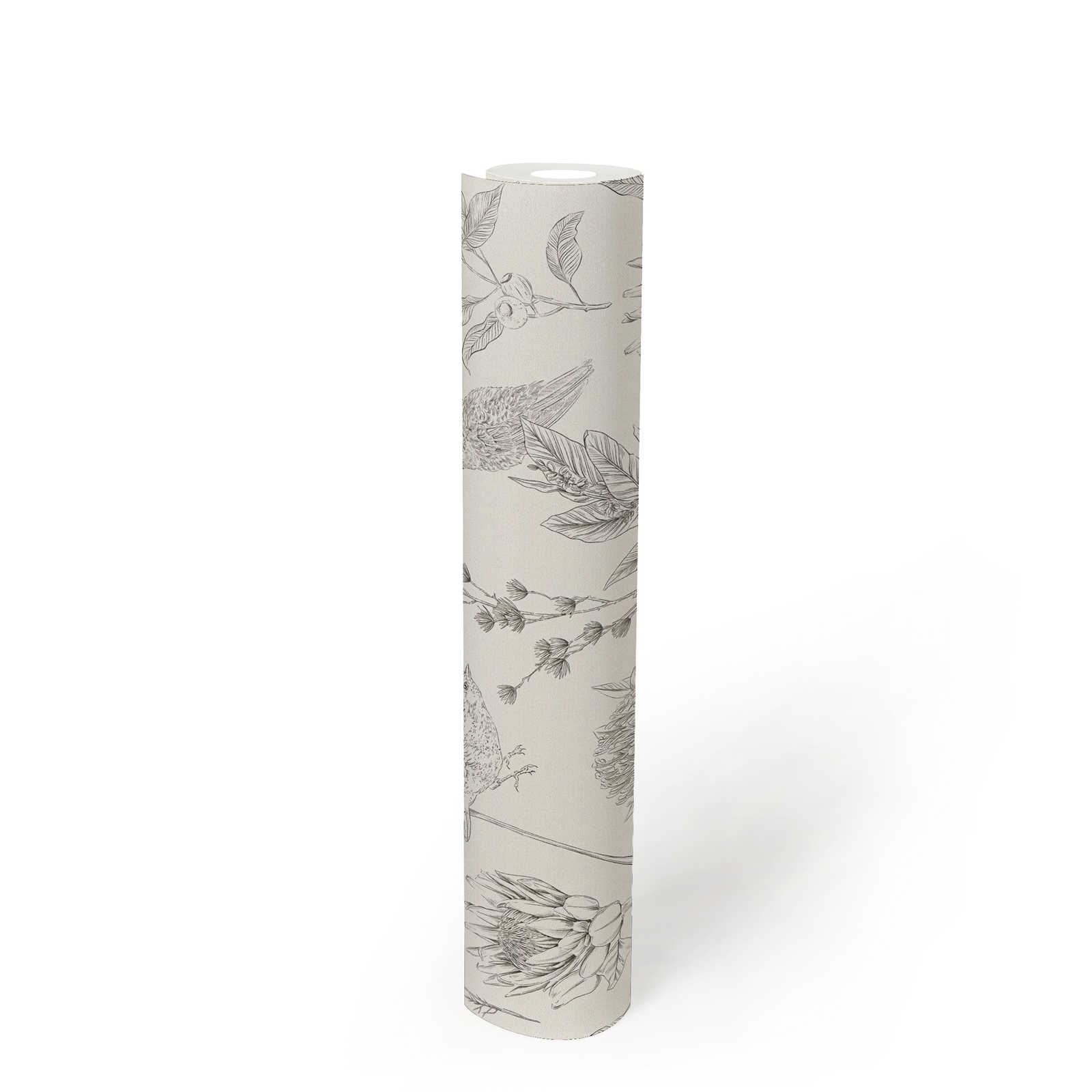             papier peint en papier floral avec fleurs & animaux structuré mat - blanc, noir
        
