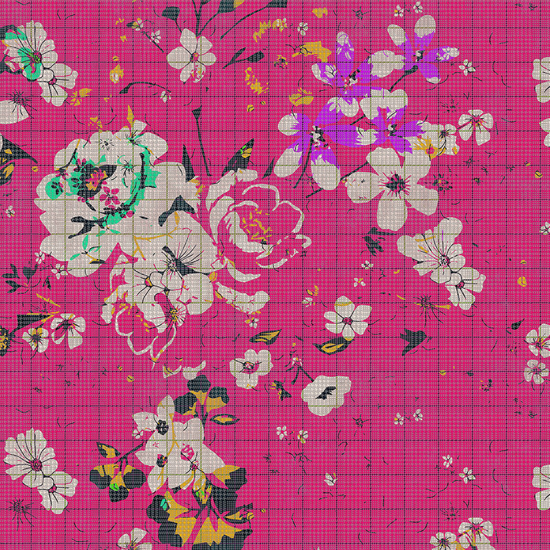 Bloemrijkplaid 2 - Fotobehang in geruit optiek kleurrijk bloemenmozaïek Roze - Groen, Roze | parelmoer glad vlies
