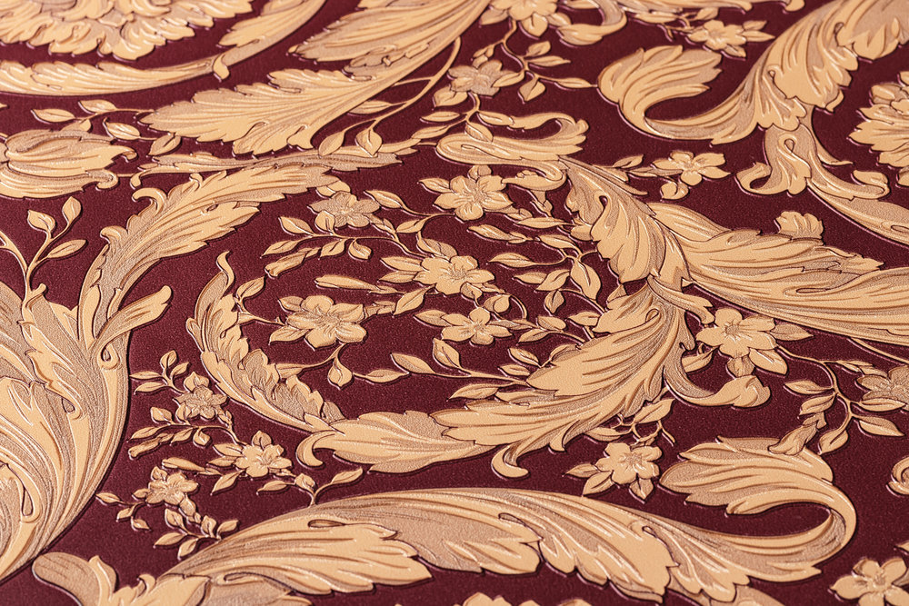             Papel pintado VERSACE motivo floral ornamental - rojo, dorado, marrón
        