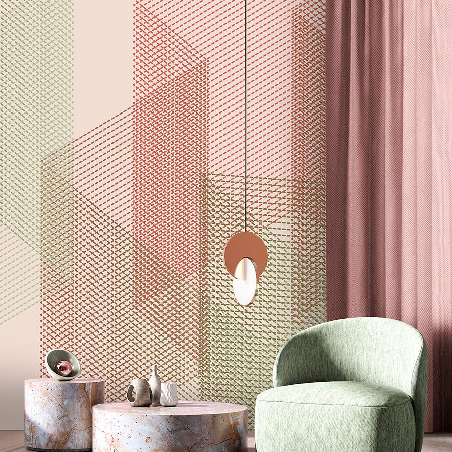Digital behang »mesh 2« - Abstract 3D-ontwerp - Rood, groen | Soepele, licht glanzende premium vliesstof
