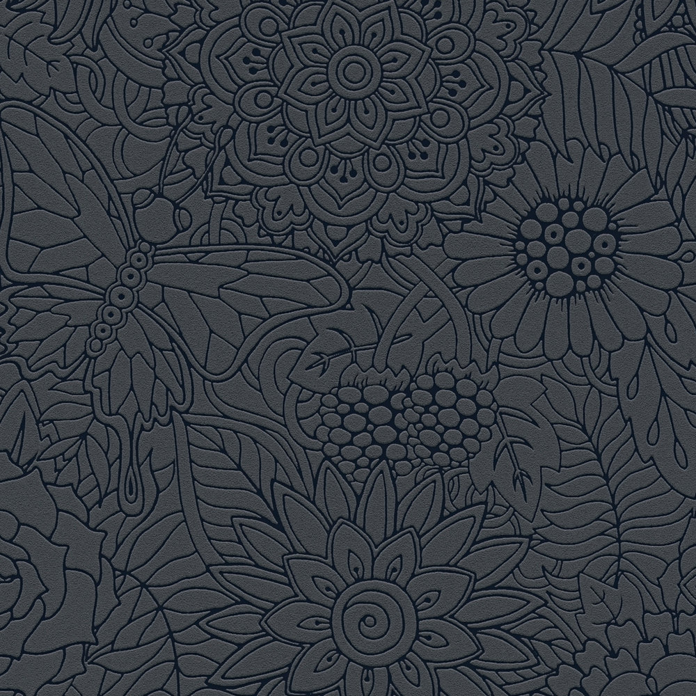             Black non-woven wallpaper floral pattern, matte & glossy - Black, Metallic
        