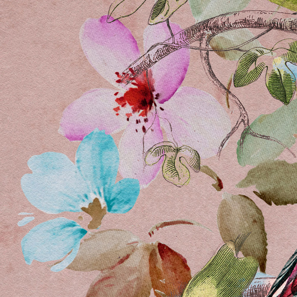             Love Nest 2 - Carta da parati vintage Fiori acquerellati rosa e uccelli colorati
        
