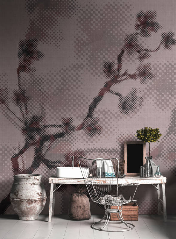             Twigs 3 - Digital behang met natuurmotief & pixeldesign - natuurlijke linnenstructuur - roze | structuurvlies
        