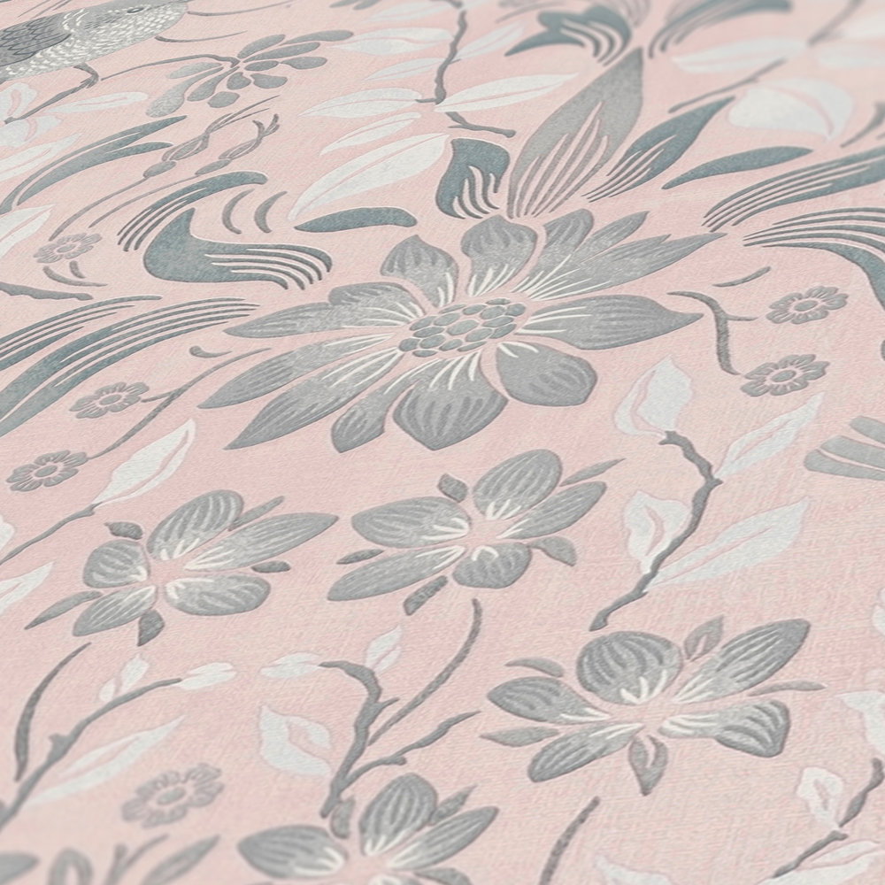             Papier peint avec oiseaux et motifs floraux - rose, gris, blanc
        