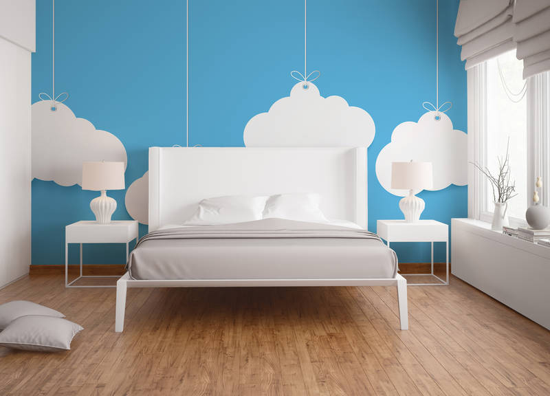             Papel Pintado Nubes para la Habitación de los Niños - Azul, Blanco
        