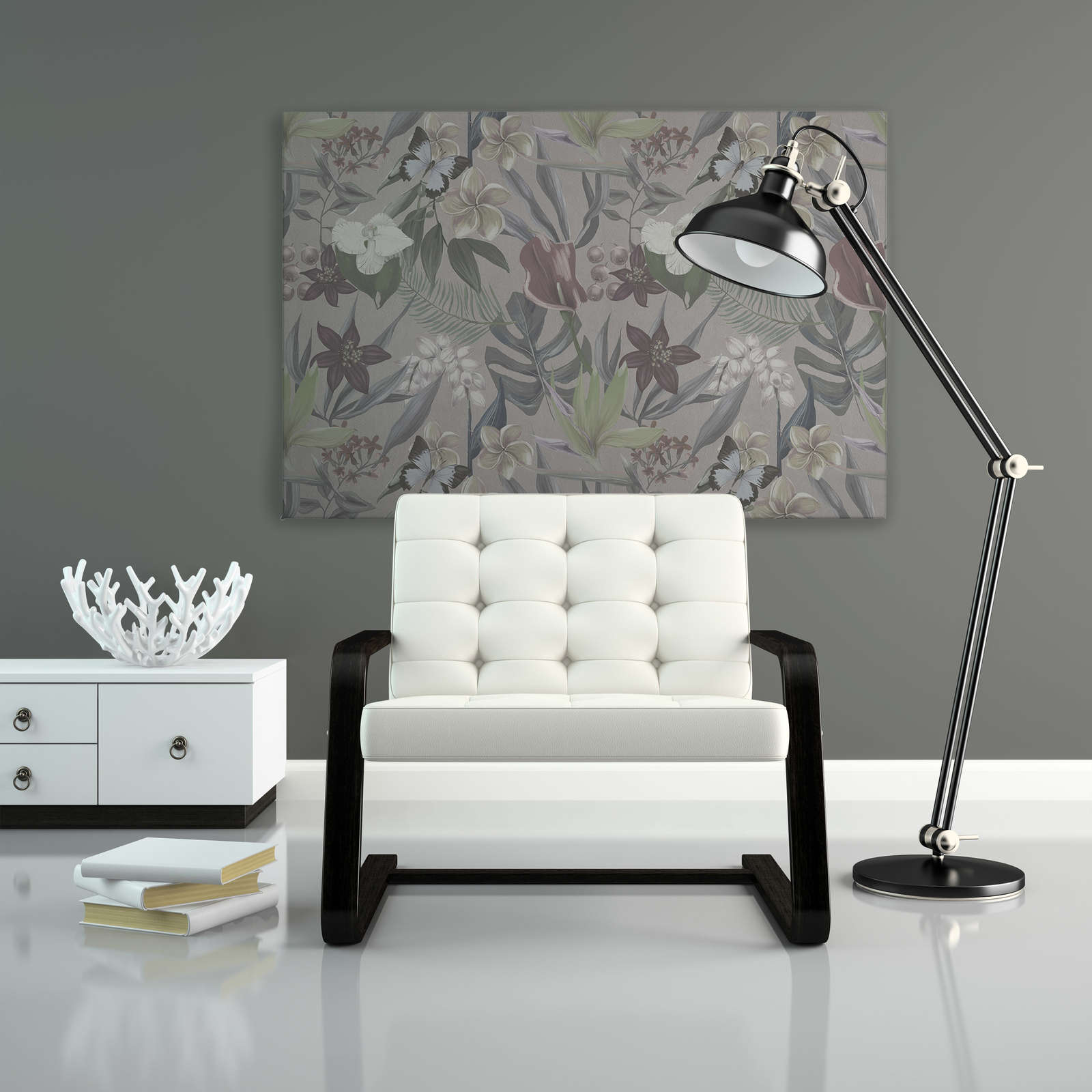             Jungle florale dessinée sur toile | gris, blanc - 1,20 m x 0,80 m
        