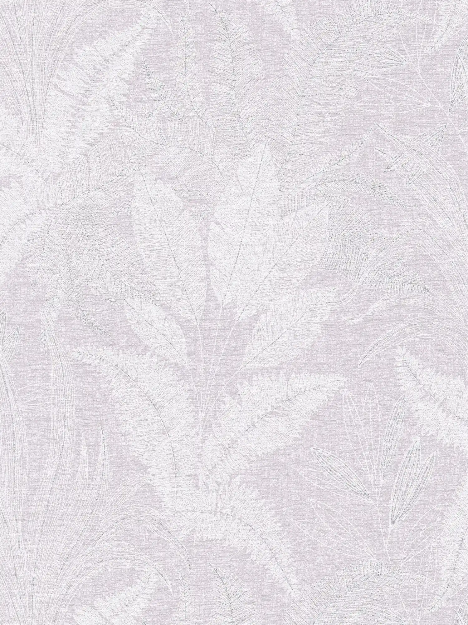 Vliesbehang met groot bladpatroon met lichte structuur - paars, wit, grijs
