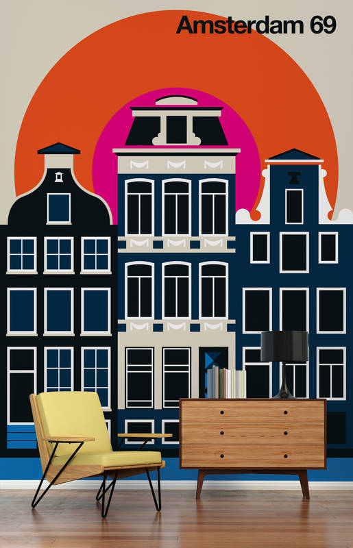             Amsterdamse woningfronten in retro design muurschildering
        
