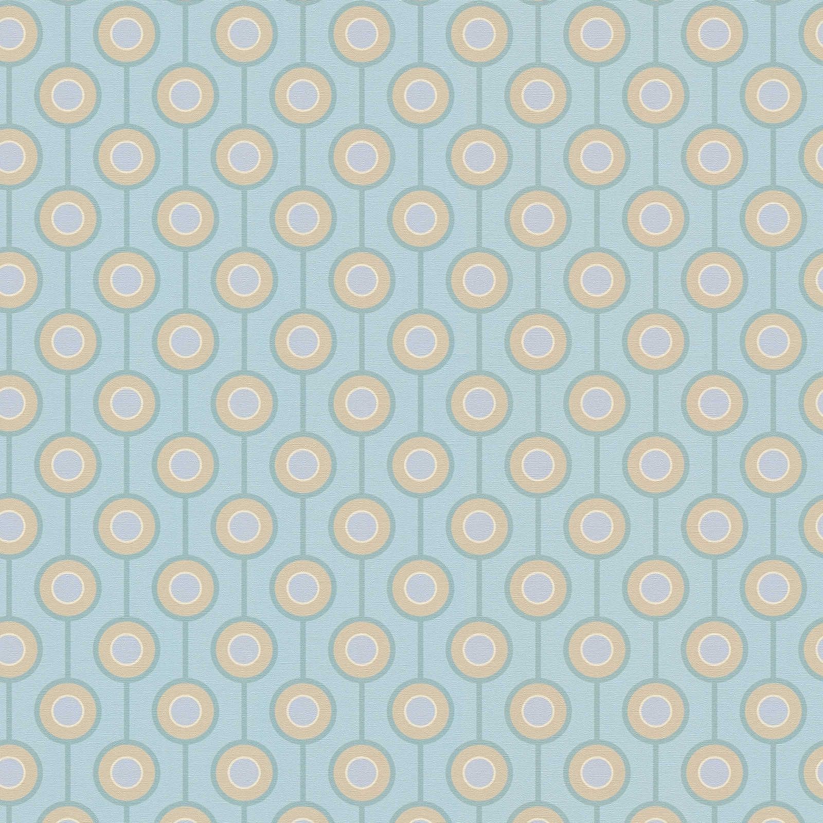 Papel pintado no tejido de textura ligera con motivos circulares retro - turquesa, azul, beige
