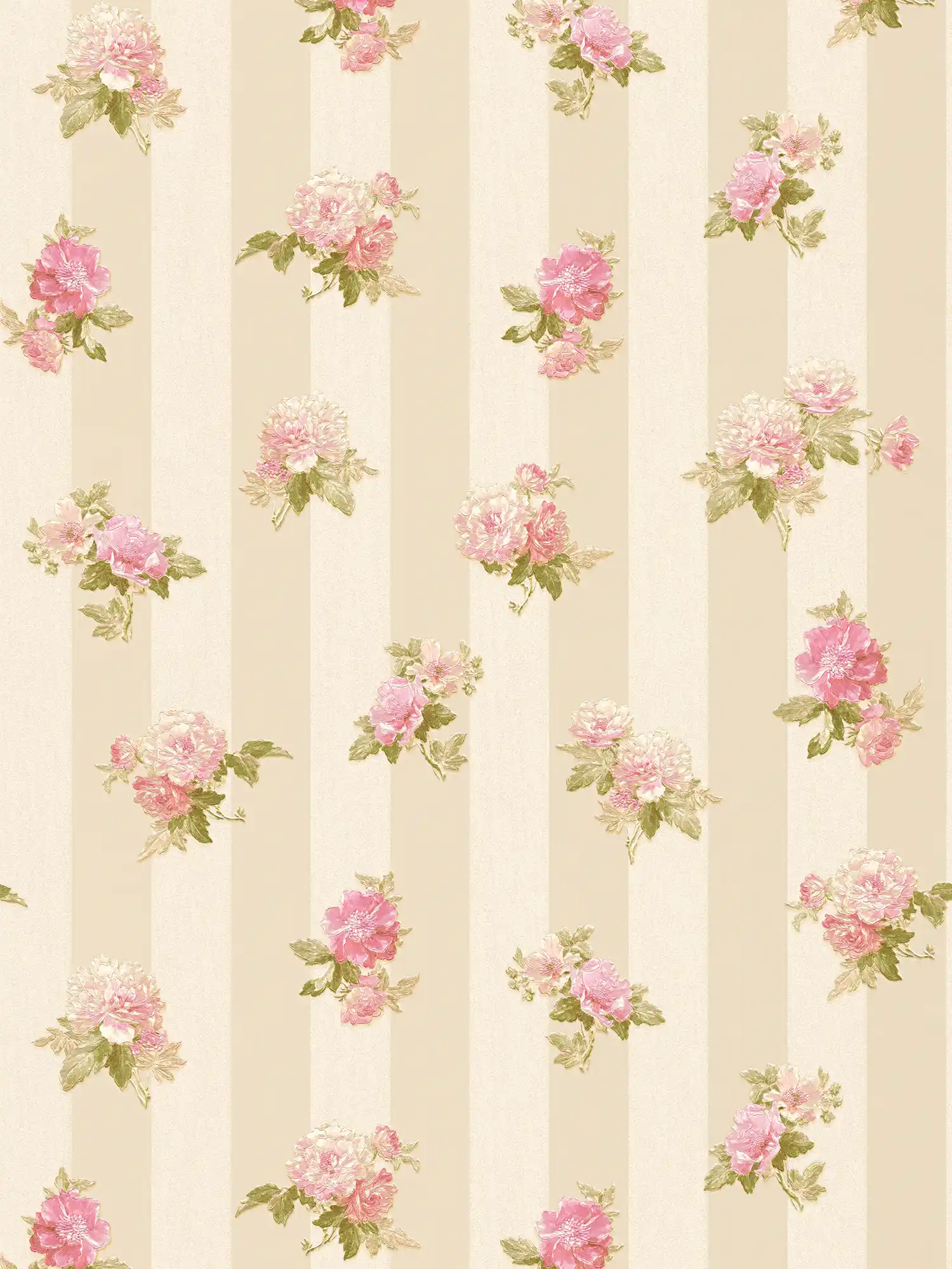 Vliesbehang rozenpatroon & streepdesign - crème, groen, roze
