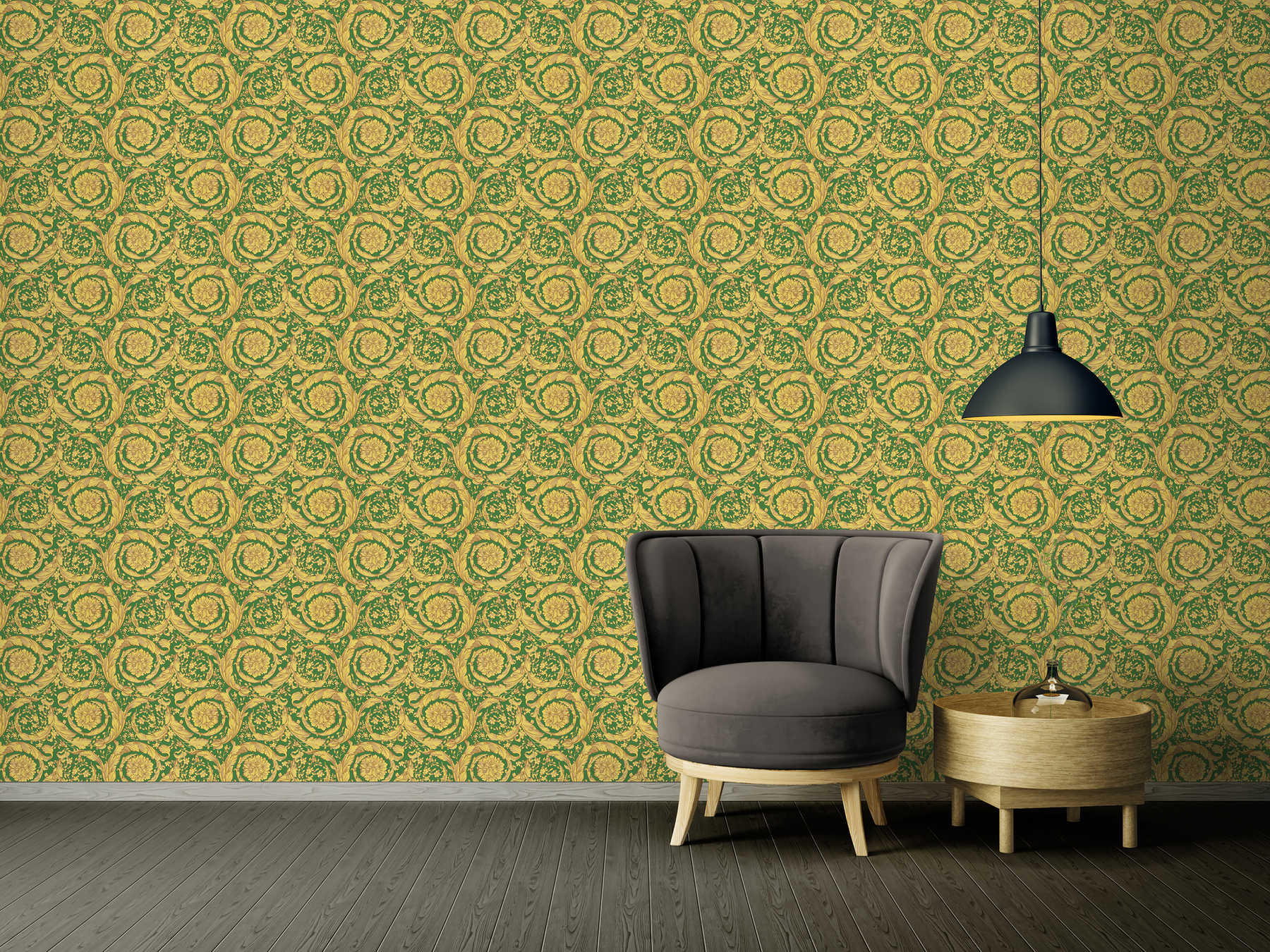             VERSACE wallpaper ornamental floral pattern - green, metallic, yellow
        