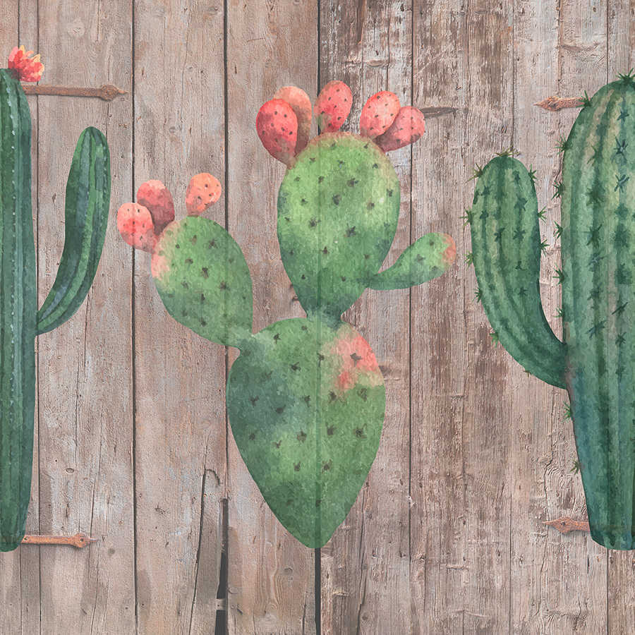 Papel pintado gráfico Valla de madera con dibujos de cactus sobre vellón texturizado
