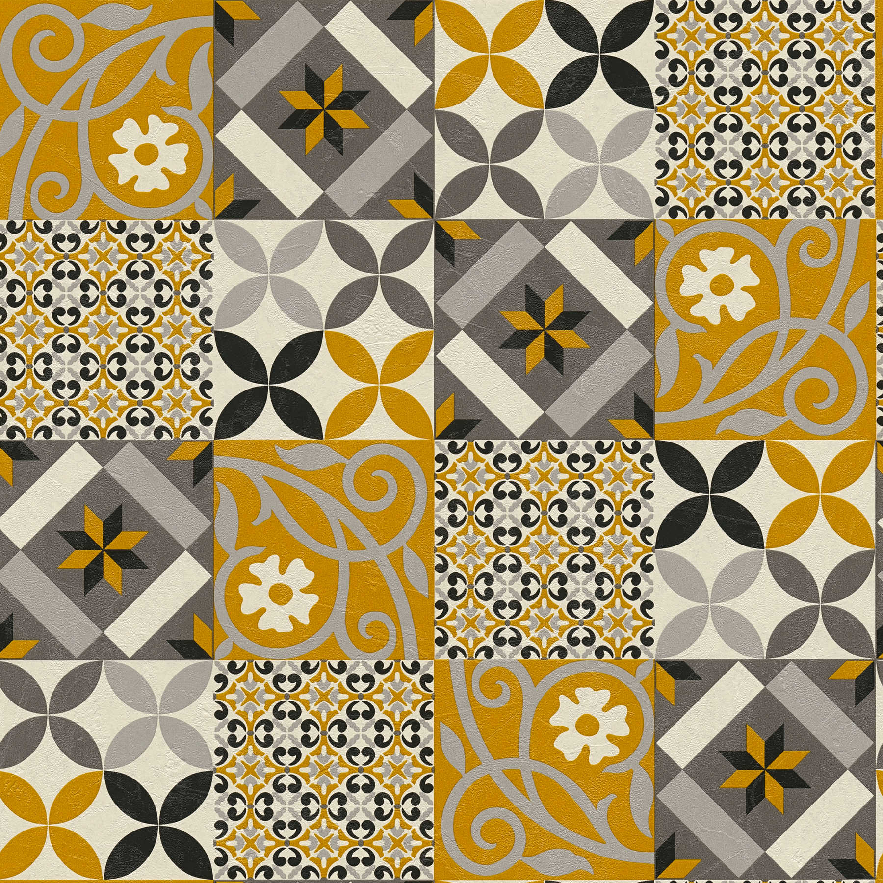        Wallpaper Decor tiles & floral pattern - black, yellow, anthracite
    