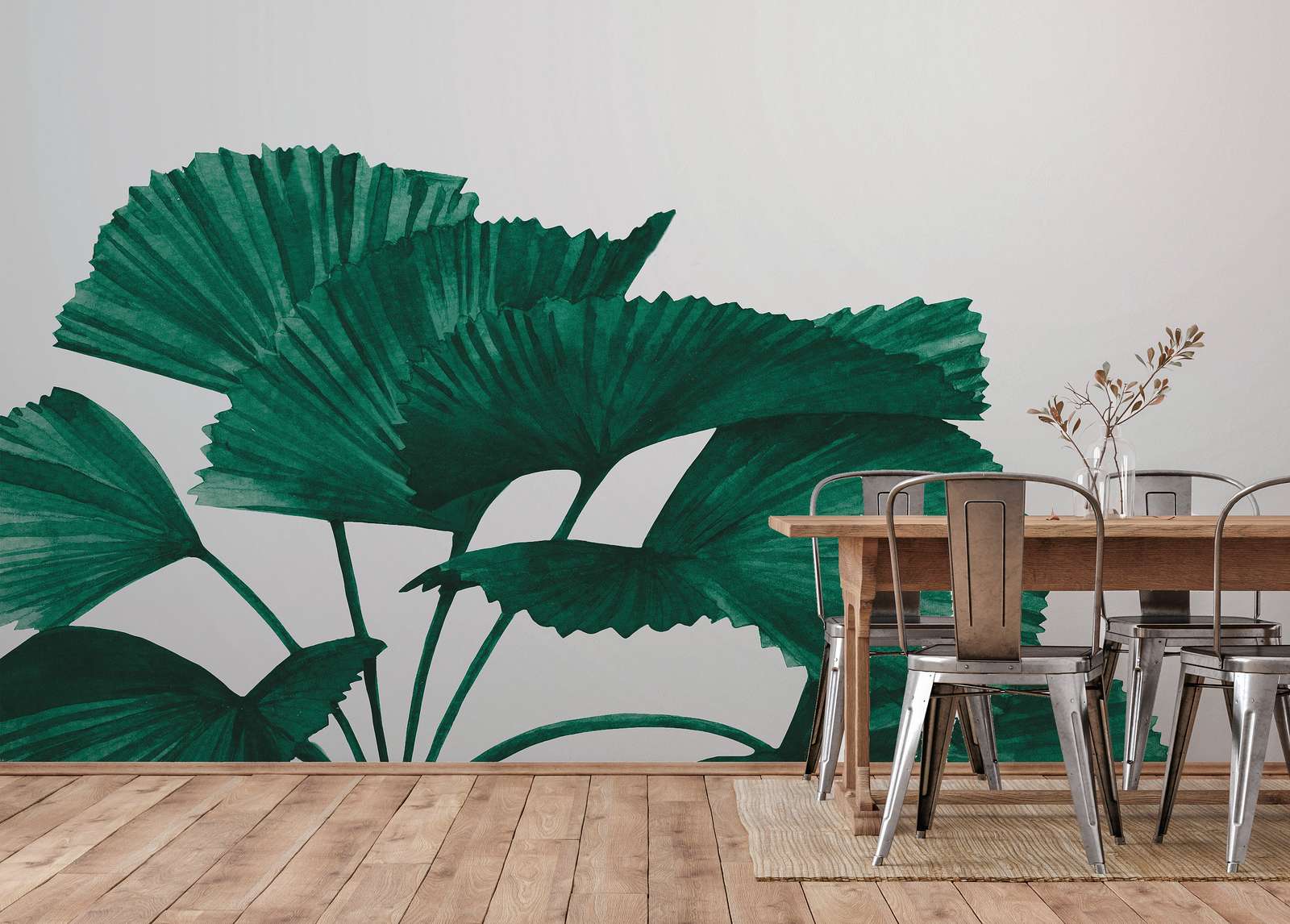             Papier peint avec grandes feuilles de palmier à rayons - vert, gris
        