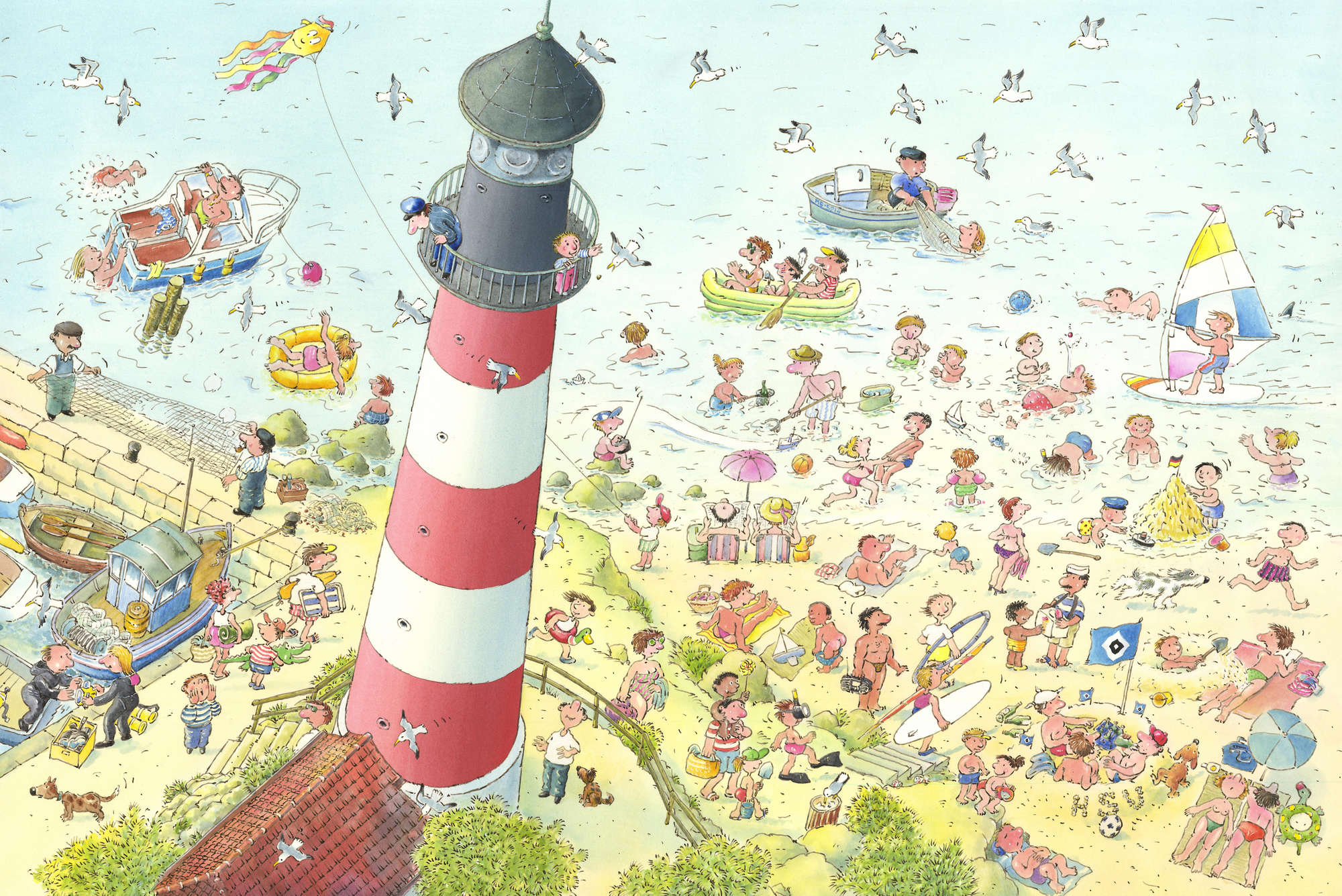             Mural infantil de playa con bañistas y faro sobre vellón liso nacarado
        