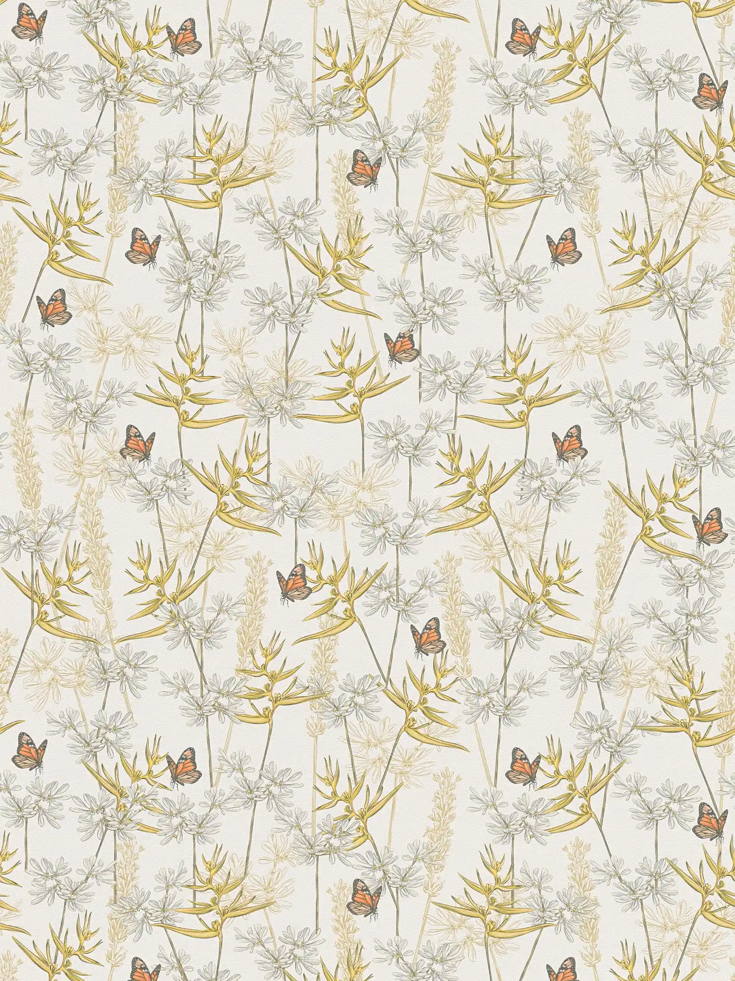 Floral style wallpaper with grasses & butterflies textured matt - white, yellow, grey
