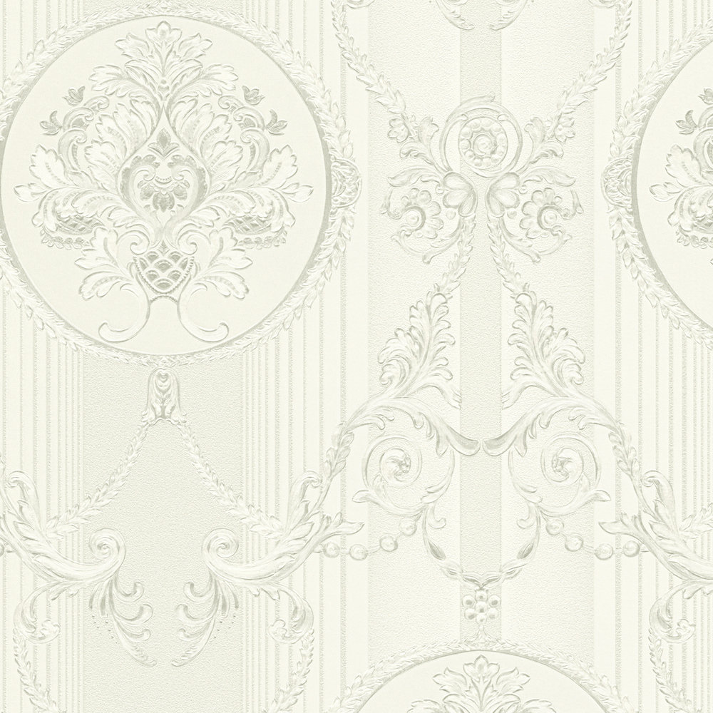             Papel pintado neobarroco con diseño ornamental y efecto metálico - metálico, blanco
        