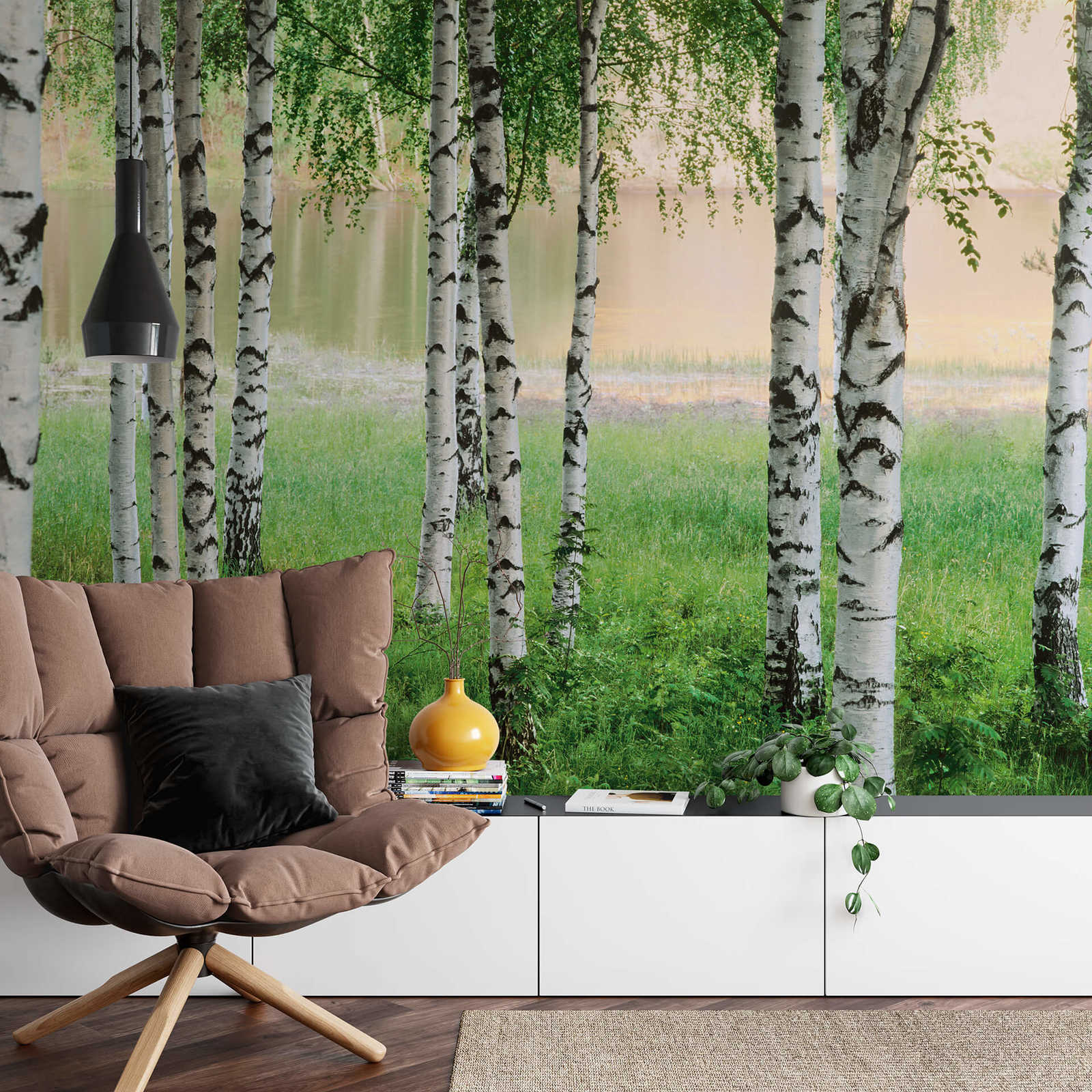             Nature mural birch forest on the lake - green
        