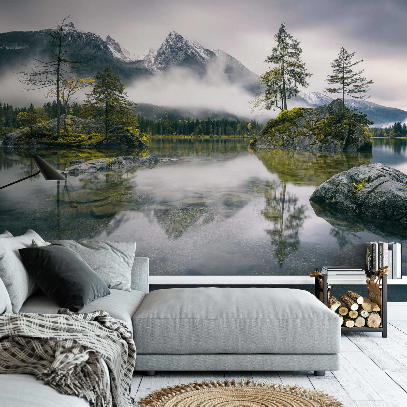             Papier peint panoramique vue sur le lac - vert, blanc, gris
        
