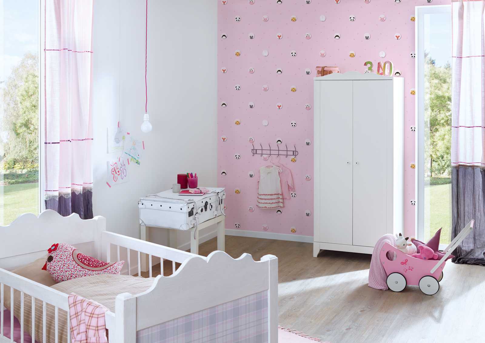             Kinderkamer meisjesbehang dieren & sterren - roze, wit, geel
        