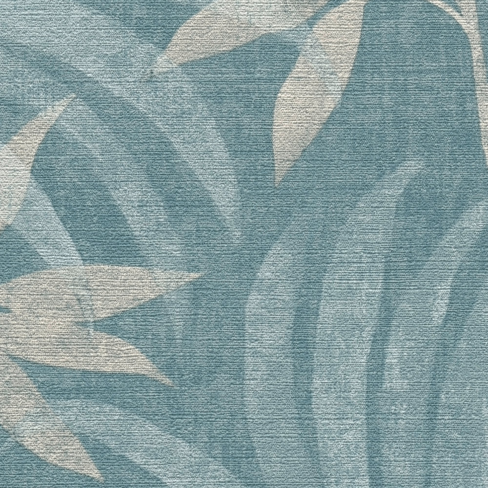             Papier peint pétrole motif jungle avec fleurs d'hibiscus - beige, bleu
        